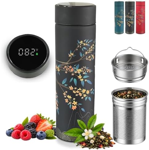 Farasi Tea Infuser for Loose Leaf Tea Smart Water Bottle with Fahrenheit Temperature Display, Stainless Steel Insulated Coffee and Fruit Tea Infuser Bottle - Floral Travel Tea Mugs 15 oz (Black) by WellnessHydrationBeyond