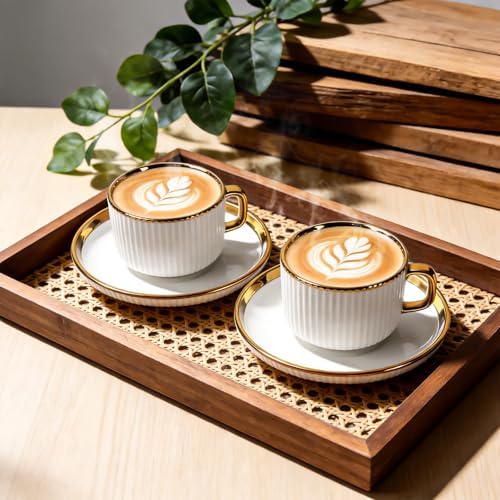 ALIMOTA 3oz White Gold Ceramic Coffee Mug Set of 6, Latte Mugs with Saucers, White Latte Cups and Espresso Mug for Specialty Coffee Drinks, Latte, Cafe Mocha, Tea - Image 2