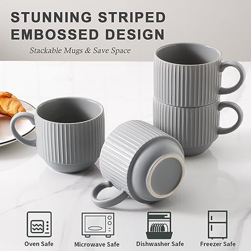 Hasense Coffee Mugs Set, Stacking Tea Cups Set of 4 with Holder - 15 oz Large Ceramic Ribbed Latte Cup Set for Cappuccino, Tea, Hot Cocoa, Drinks - Dishwasher & Microwave Safe, Grey - Image 4