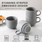 Hasense Coffee Mugs Set, Stacking Tea Cups Set of 4 with Holder - 15 oz Large Ceramic Ribbed Latte Cup Set for Cappuccino, Tea, Hot Cocoa, Drinks - Dishwasher & Microwave Safe, Grey - Image 4