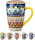 vancasso Ceramic Tea Mug with Infuser and Lid, 18 Ounce Bohemian Loose Leaf Cup, Microwave & Dishwasher Safe, Perfect for Tea, Coffee, Beige-Mustard Tribe by vancasso