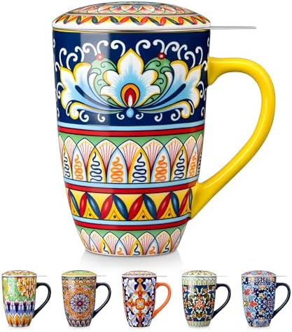 vancasso Ceramic Tea Mug with Infuser and Lid, 18 Ounce Bohemian Loose Leaf Cup, Microwave & Dishwasher Safe, Perfect for Tea, Coffee, Beige-Mustard Tribe by vancasso