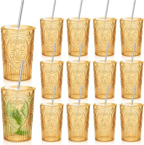 Wiwiqing 12 Set 16oz Vintage Tumbler with Lid and Straw Bulk, Amber by Wiwiqing