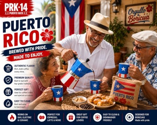 PRK 14 Puerto Rico Coffee Pot – Aluminum Moka Grecas Pot with Puerto Rican Flag Design | Traditional Stovetop Espresso Maker for Authentic Cafe Boricua 6 Cup - Image 3