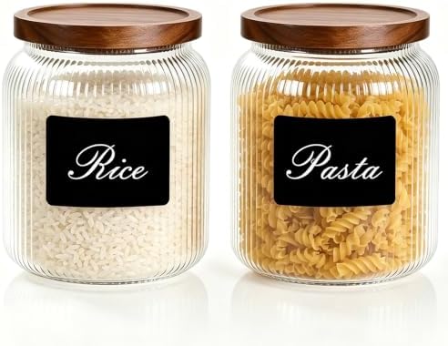 Large Glass Jar With Airtight Wooden Lids Set of 2-65OZ(1900ML) and 4 Kitchen pantry Labels, Clear Food Storage Containers for Rice, Flour, Pasta, Coffee, Sugar, Salt, Cookie. by PENGSHU