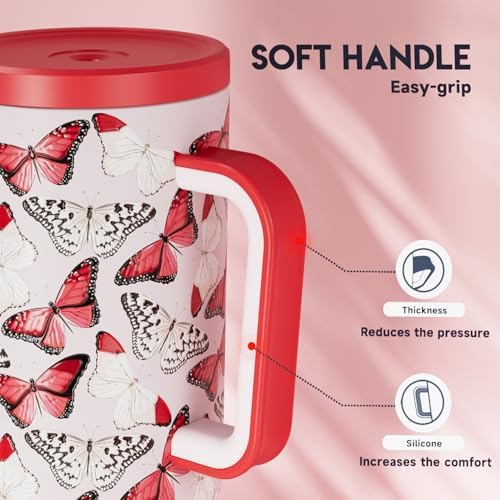 Meoky 40 oz Tumbler with Handle and Straw: Stainless Steel Insulated Tumbler with Lid and Straw - 100% Leak Proof Tumbler for Car Cup Holders - Travelers Commuters Workers, Red Butterfly - Image 6