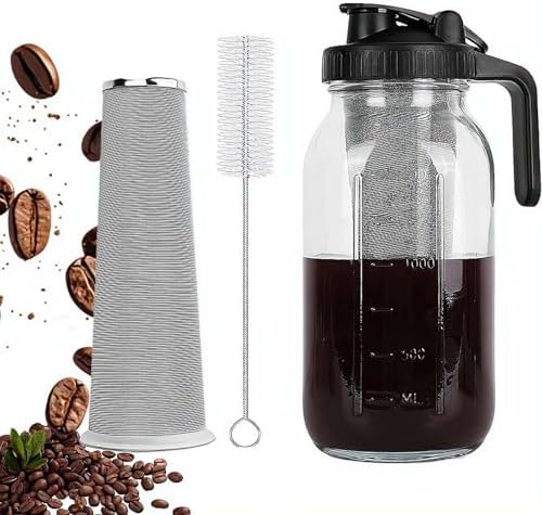 Cold Brew Coffee Maker with Stainless Steel Filter, Pour Spout Handle Lid, LeakProof Heavy Duty Glass Pitcher for Iced Coffee,Lemonade,Ice Tea & Fruit Drinks by Unknown