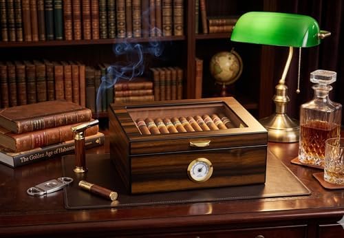 Cigar Humidor - Holds 25-50 Cigars - Spanish Cedar Wood - Tempered Glass Top Display - Metal Handle, Divider, Humidifier, Hygrometer - Santos Rosewood - Image 4
