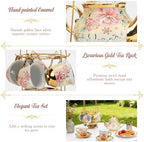 20 Pcs Porcelain Tea Set with Metal Holder, European Ceramic Tea Set for Adults, Antique Enamel Tea Cup Saucer Set for Party, Coffee Tea Gift Sets with Pink Flower Painting (Pink Enamel) - Image 4