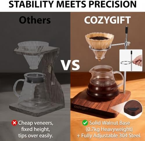 Pour Over Coffee Maker Stand with American Black Walnut Base, Stainless Steel Adjustable Dripper Holder, Wooden Brewing Station, Cone Brewer Rack, Barista Accessories & Kitchen Coffee Décor - Image 7