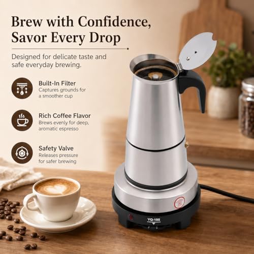 6 Cup Moka Pot, Electric Stovetop Espresso Maker with Electric Stove, Stainless Steel Coffee Maker for Cafes, Stores, Offices (6 Cup - 300ml) - Image 4