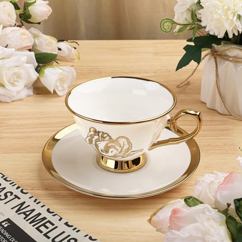 fanquare 21 Pieces British Porcelain Tea Set, Gold Tulip Tea Service for Afternoon Tea Party, 6 Teacup and Saucers for Coffee Home Wedding Birthday - Image 5