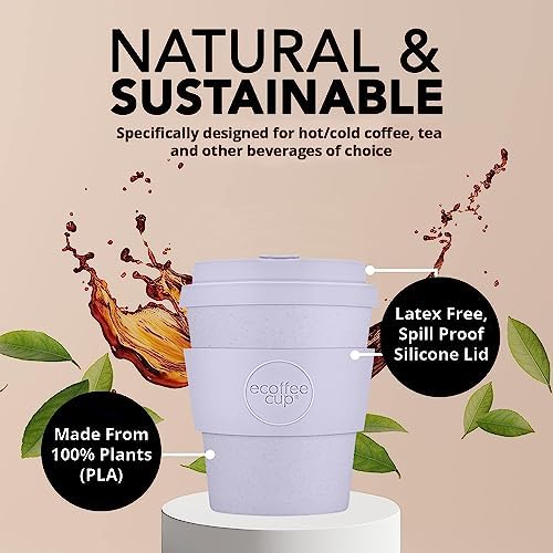 Ecoffee Cup 8oz (240ml) Reusable Coffee Cup – PLA Plant-Based Travel Mug with Silicone Lid, Melamine Free & Dishwasher Safe – Glittertind - Image 2
