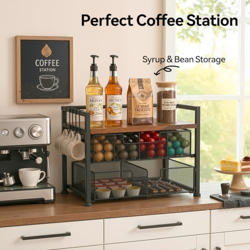 Beslands Tea Bag Organizer & Coffee Station, Matcha Kit Storage, 2 Drawers Tea Bar Tea Box Kitchen Shelf for Countertop, Teabag holder with 4 Hooks, Matcha Tea Station - Image 2