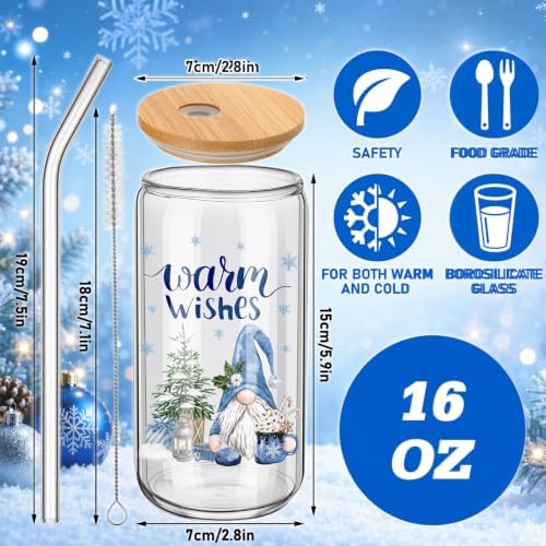 Teenyyou 12 Sets Christmas Glasses Cups with Bamboo Lid and Glass Straw, 16 oz Blue Winter Gnome Snowman Glass Jar Drinking Cups, Festive Elk Christmas Tree Coffee Cup for Xmas Holiday Party Gifts - Image 2