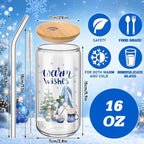 Teenyyou 12 Sets Christmas Glasses Cups with Bamboo Lid and Glass Straw, 16 oz Blue Winter Gnome Snowman Glass Jar Drinking Cups, Festive Elk Christmas Tree Coffee Cup for Xmas Holiday Party Gifts - Image 2