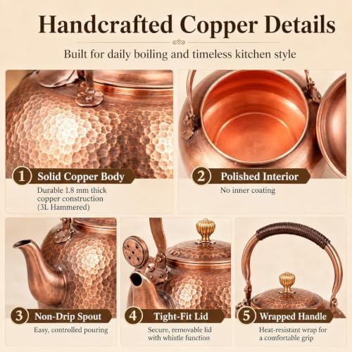 Vintage Copper Tea Kettle, Whistling Stovetop Water Pot with Rope Handle - Image 3