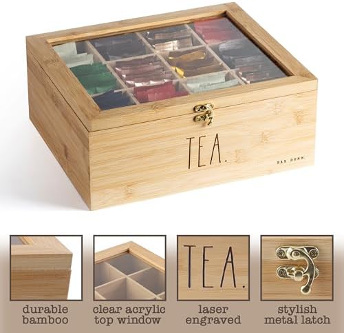 Rae Dunn Tea Bag Organizer - Tea Box Divided Storage Container Box with Hinge Lid for Kitchen Cabinet, Countertop, Pantry, Hold Coffee Pods, Seasoning Packets, Condiments, Bamboo - Image 4