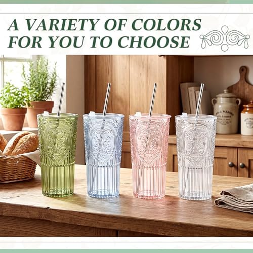 8 Set Vintage Tumbler with Lid and Straw, Iced Coffee Cup, Blue - Image 5