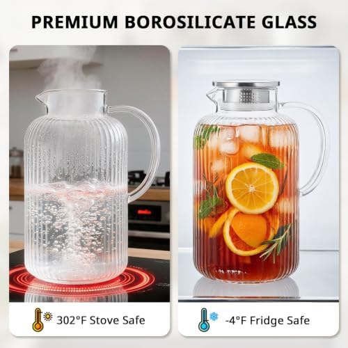 Bivvclaz 3 Liter 101 oz Stripes Glass Pitcher with Lid and Handle - Image 3