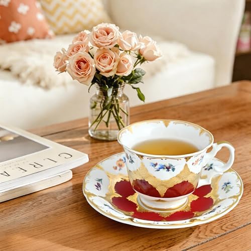 Luxury White & Gold Embossed Tea Cups and Saucers with Teapot, Sugar Bowl, & &Creamer, Vintage European Porcelain Coffee Set for Tea Party, Wedding, Gift (Vintage Gold, 4pcs/set) - Image 4