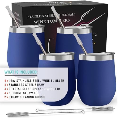 CHILLOUT LIFE 12 oz Stainless Steel Wine Tumblers 4 Pack - Double Wall Vacuum Insulated Wine Cups with Lids and Straws Set for Coffee, Wine, Cocktails - Powder Coated Navy Blue - Image 2