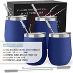 CHILLOUT LIFE 12 oz Stainless Steel Wine Tumblers 4 Pack - Double Wall Vacuum Insulated Wine Cups with Lids and Straws Set for Coffee, Wine, Cocktails - Powder Coated Navy Blue - Image 2