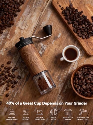 LAMIDO Mini Manual Coffee Grinder - 56 External Grind Settings, Stainless Steel Body & Crank, Ceramic Burr, Portable Hand Grinder for Travel, Camping, Home Brewing - Wood Grain - Image 2