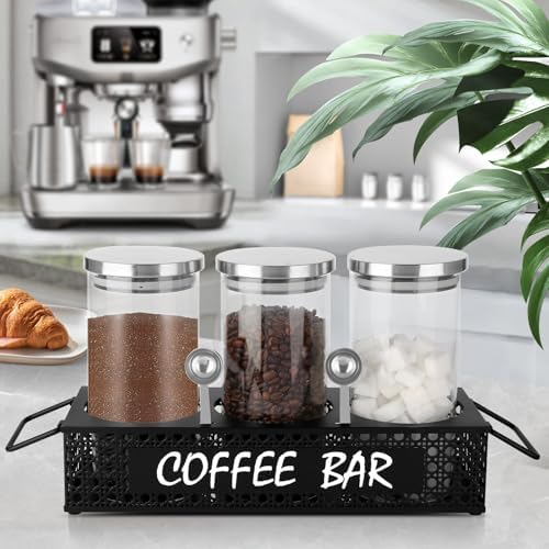 Glass Coffee Containers with Shelf 3x 47oz Coffee Station Organizer Glass Coffee Bean Storage with Spoon Coffee Canister Set Jars for Coffee Bean Ground Nuts - Image 4