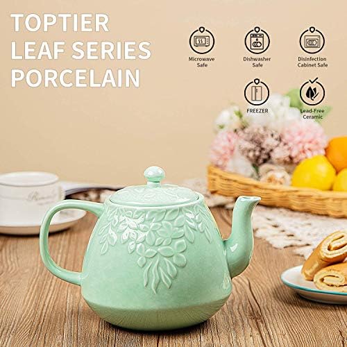 Toptier Cast Iron Teapot & Porcelain Teapot Set, 32 oz & 37 oz, Stovetop Safe, Green - Image 2