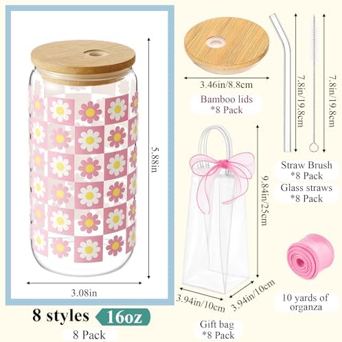 Mumufy 8 Sets Daisy Flower Glass Cups with Lids Straws Bulk, 16 Oz - Image 2