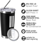 20oz insulted tumblers stainless steel cup Tumbler Bulk with push Lid, and metal straw powder coated coffee cup for cold and hot drinking (12, black) - Image 3