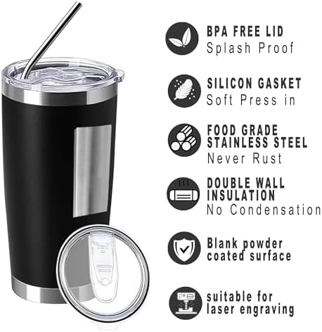 20oz insulted tumblers stainless steel cup Tumbler Bulk with push Lid, and metal straw powder coated coffee cup for cold and hot drinking (12, black) - Image 3