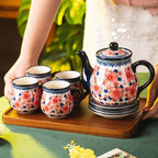 polish pottery style porcelain ceramic 10 piece Tea set,7.2oz tea cup and sauce set of 4,28.2oz teapot and 1wooden tray (Snow and Plum) - Image 3