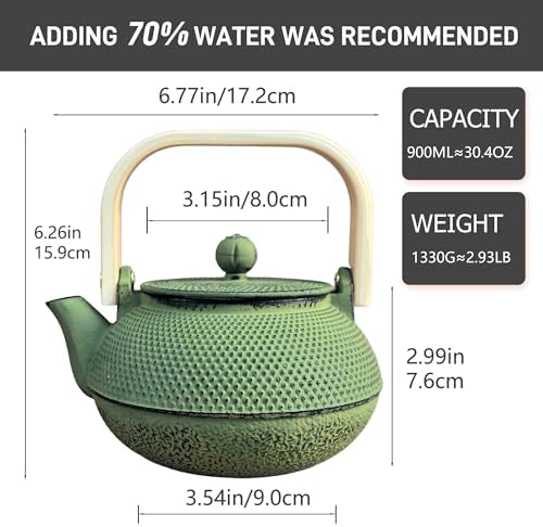 900ml Small Cast Iron Teapot with Wooden Handle, 30.4oz Green Tea Pot with Enamel Interior & Strainer, Durable Tea Kettle for Loose Leaf Tea, Suitable for Electric Stove & Induction Cooker - Image 7