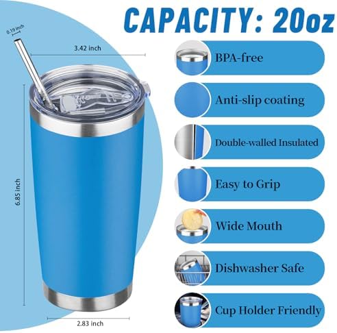 20 oz Tumbler with Lids and Straws, Stainless Steel Insulated Travel Coffee Mug, Double Wall Vacuum Insulated Tumblers, Powder Coated Coffee Tumbler for Cold & Hot Drinks (Sea Blue, 6 Pack) - Image 2