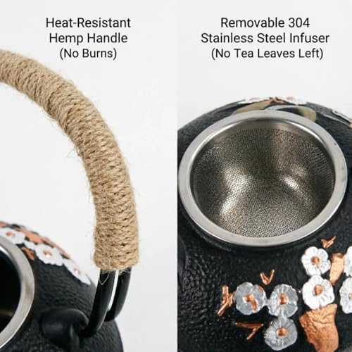 Japanese Style Tea Pot Kettle Tetsubin Gift Cast Iron Teapot with Stainless Steel Infuser for Stovetop Safe Coated Plum Blossom & Bamboo Pattern 650ml/22oz (Blossom & Bamboo (22oz)) - Image 4