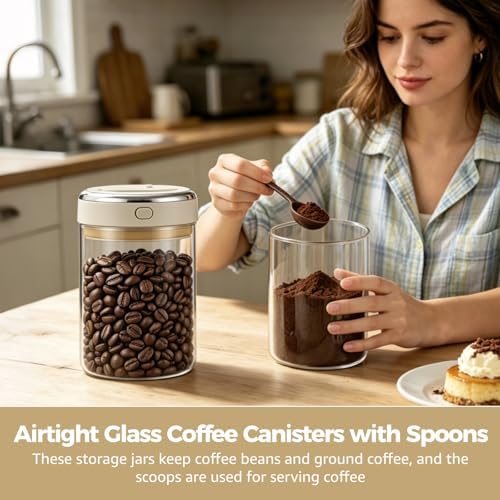 2 Pack Airtight Glass Coffee Canisters, 37.2 fl oz Vacuum Seal Storage Container with One Way Valve for Coffee Beans, Tea, Milk Powder, Warm Grey White, 6.3 x 4.41 x 4.49 in - Image 2