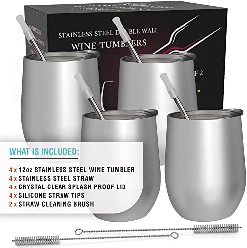 CHILLOUT LIFE 12 oz Stainless Steel Wine Tumblers 4 Pack - Double Wall Vacuum Insulated Wine Glasses Cups with Lids and Straws Set Keeping Cold & Hot for Coffee, Beer, Ice Cream - Dishwasher Safe - Image 4