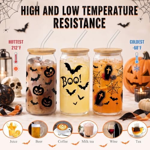 Halloween Glass Cups with Lids and Straws, 6 Pack, 16oz, Black - Image 4
