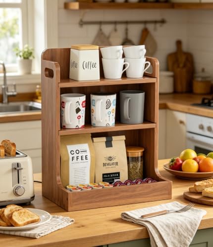 Solid Wood Matcha & Coffee Station Organizer, 3-Tier Countertop Mug Holder - Image 5