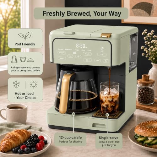 Multi-Brew Coffee Maker – 12-Cup Carafe & Single-Serve Pod or Grounds, Iced Coffee Mode, Programmable Touch Display, Includes Filters (Sage Green) - Image 2