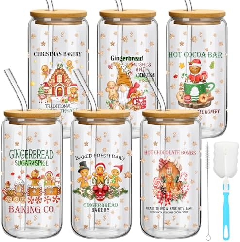 6 Set Christmas Glasses Cups with Bamboo Lid and Glass Straw 16 oz Gingerbread Man Christmas Drinking Cup Beer Iced Coffee Cup Xmas Tumbler Mugs for Women Men Holiday Party Office Gifts by Yetene