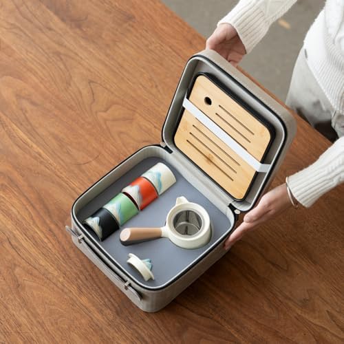 Portable Chinese Tea Set with Carry Bag - White Complete Gongfu Teapot Set Includes Side Handle, 4 Color Cups,Tea Tray & Strainer, Artistic Travel Teapot Kit for Camping, Office, Home & Gifts - Image 2