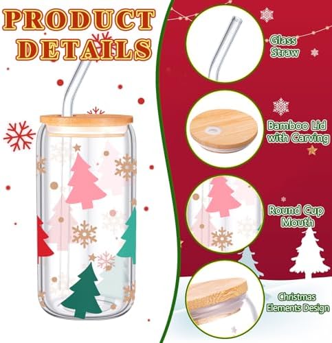 SiliFine 6 Pcs Christmas Glass Cups, 16 oz with Lids and Straws - Image 4