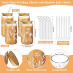 Mumufy 18 Pack Boho Floral Glass Cup, 16 oz Tumbler Mug with Bamboo Lid - Image 2