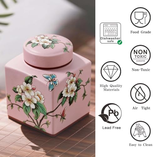 Coffee Bean Storage Canister with Airtight Lid, Decorative Ceramic Tea Jar with Vintage Floral Pattern, Sugar Container & Spice Jar for Kitchen Countertop, Cabinet or Shelf - Pink & 30oz - Image 4