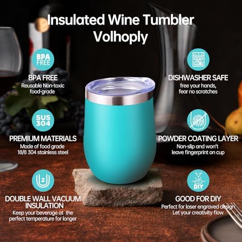 Volhoply 12oz Stainless Steel Wine Tumbler with Lid Bulk 12 Pack,Double Wall Vacuum Stemless Wine Glasses,Reusable Metal Travel Coffe Mug with Straw,Insulated Cups Gifts for Christmas（Green,12 Set） - Image 3