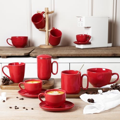 vicrays 6.5 oz Cappuccino Cups with Saucers, Set of 4, Ceramic Coffee Cup for Au Lait, Double shot, Latte, Cafe Mocha, Tea (Red) - Image 7