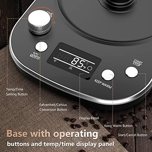 Nicebay Electric Gooseneck Kettle, Kettle with Heating Base Buttons and LED Display, Pure Stainless Steel Inner Tea 1200W Fast Heating, Pour Over Coffee 0.8L, Black, (SK-0804) - Image 3